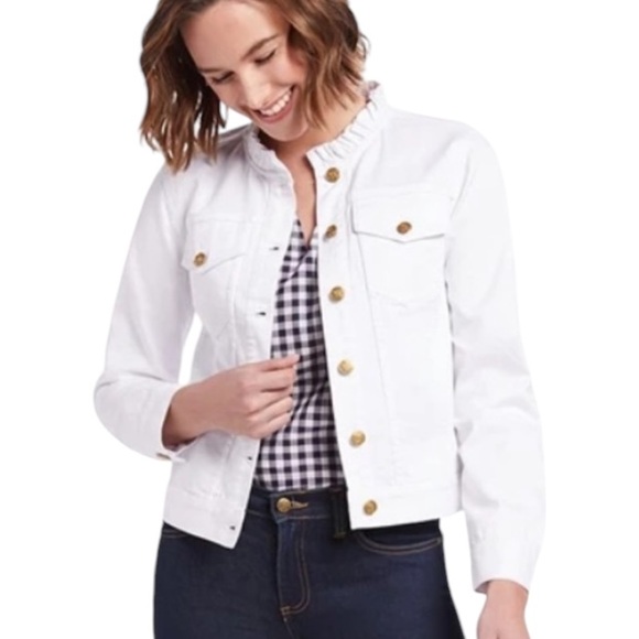 Draper James White Denim Ruffle Trim Cropped Jean Jacket - L - Picture 2 of 15